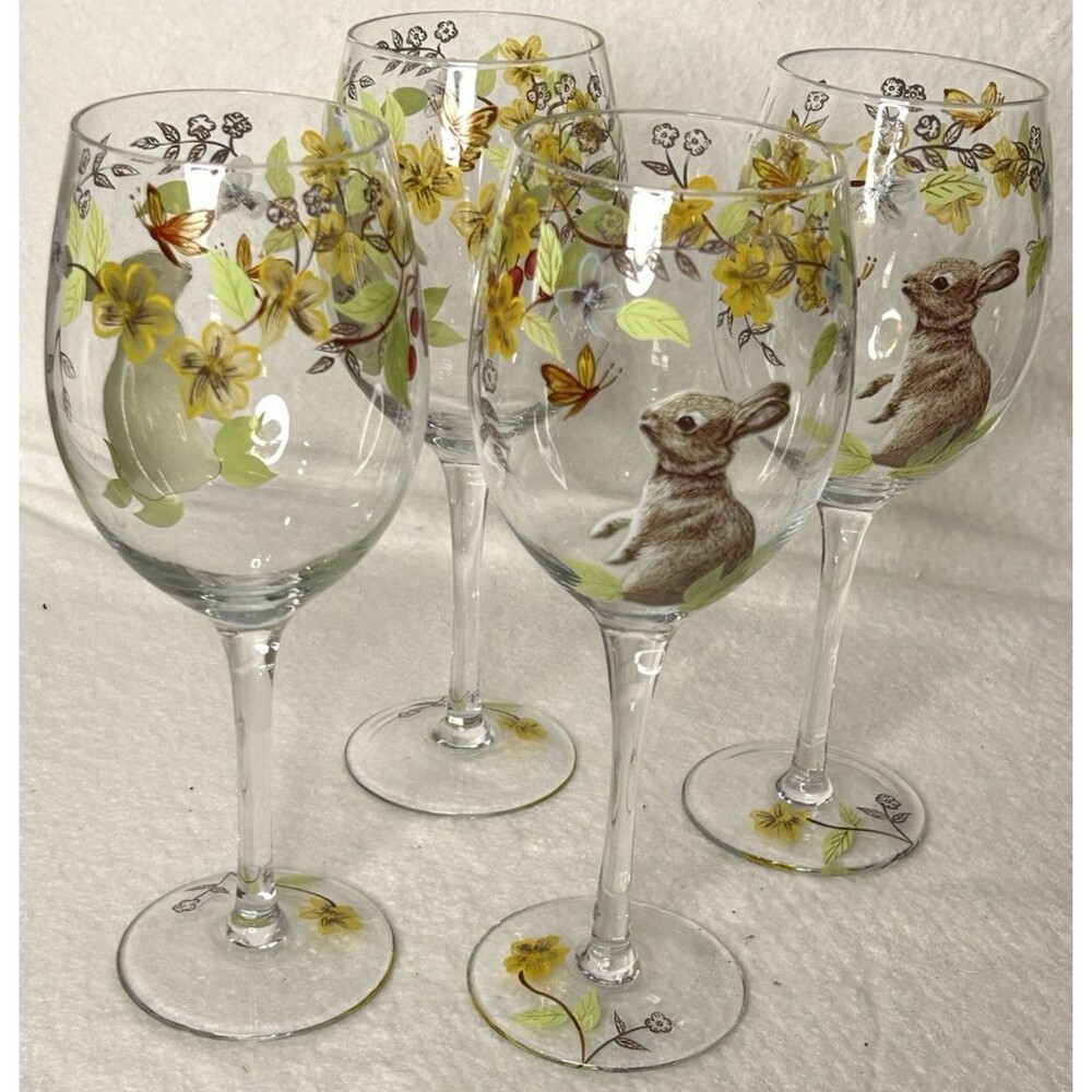 PIER 1 HAND PAINTED SOPHIE SOFIE BUNNY WINE GLASS Set of 4 GOBLET Hostess Gift